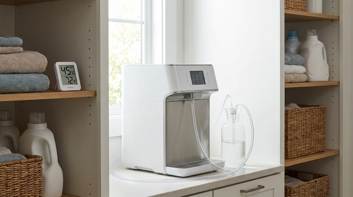 Residential atmospheric water generator in a home utility area