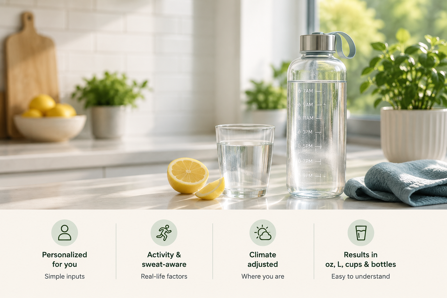 Water Intake Calculator — estimate your daily hydration target