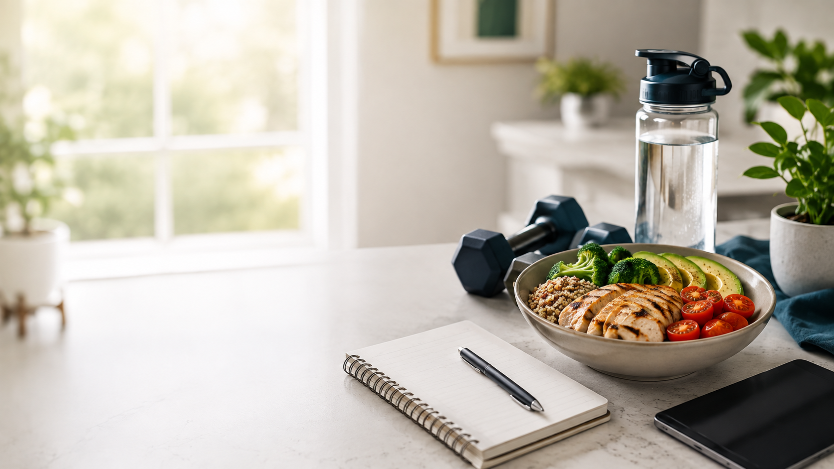 Healthy meal, dumbbells, water bottle and notebook representing daily calorie and TDEE planning