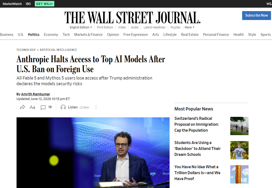 Wall Street Journal Article on Anthropic Shutdown