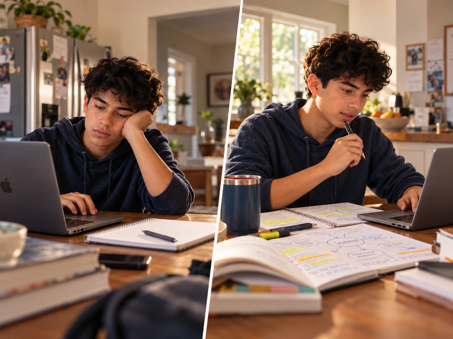 A student struggling vs thriving with AI