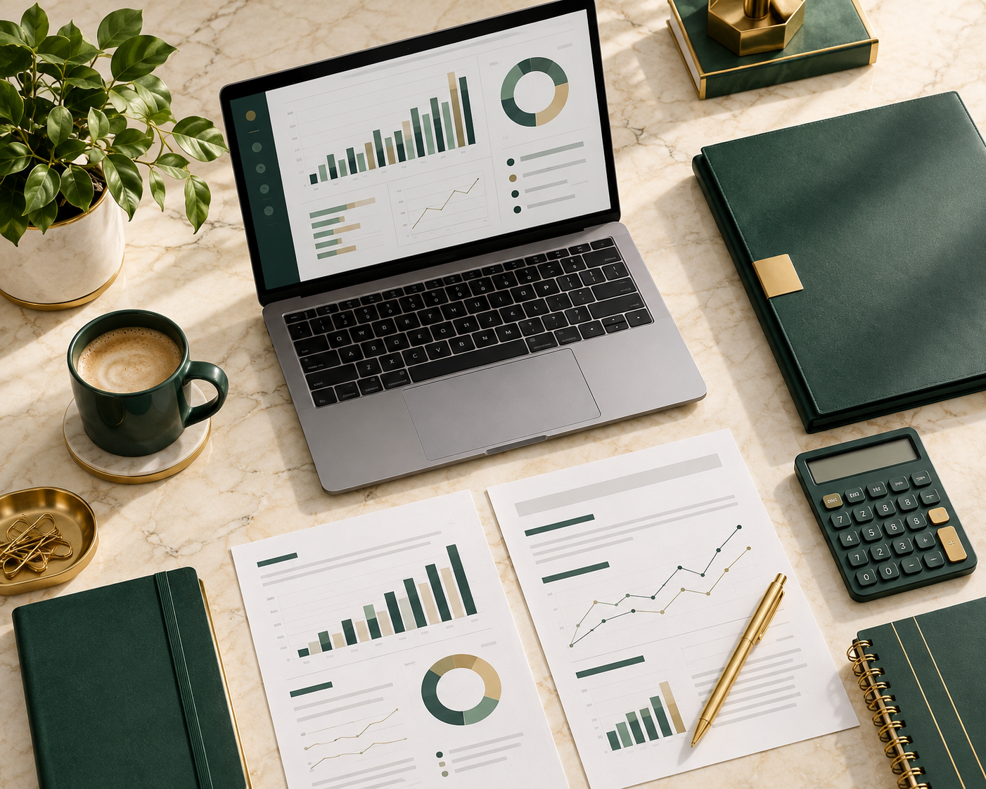 Organized financial planning workspace with reports, a laptop, and professional tools