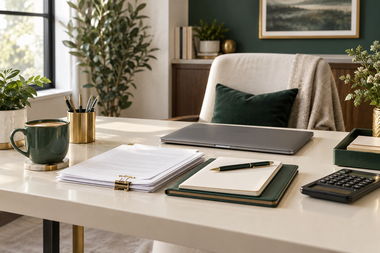 Organized bookkeeping desk with documents, laptop, and calculator
