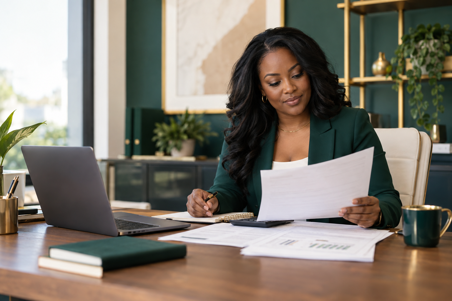 Business owner reviewing monthly financial records
