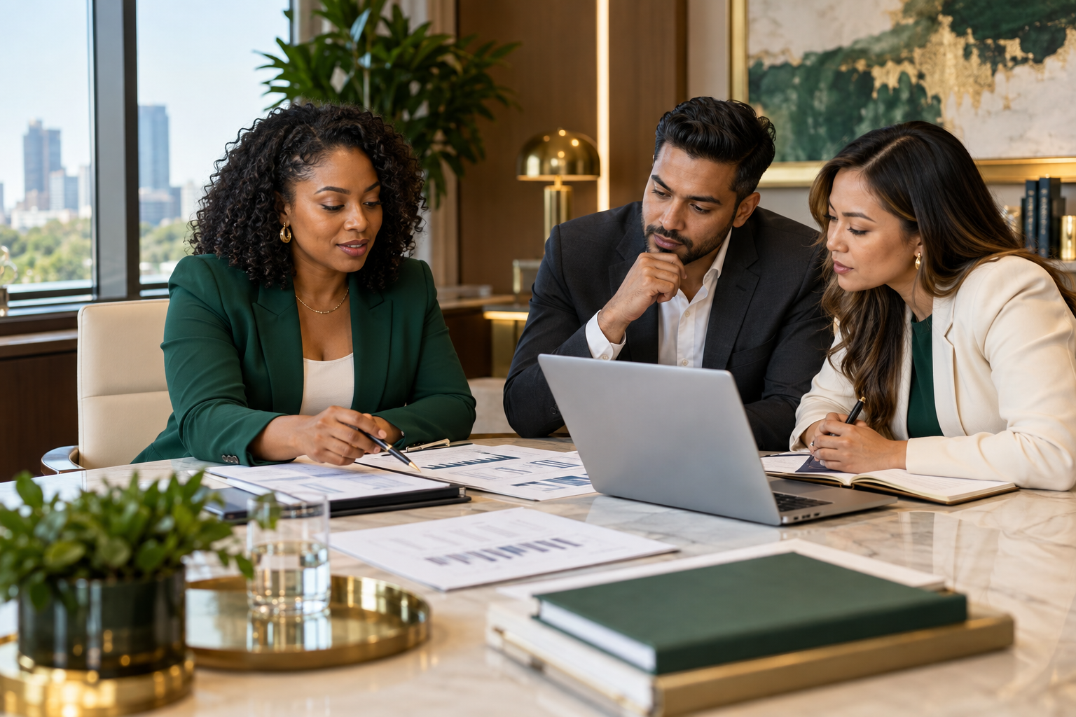 Business team reviewing organized financial documents
