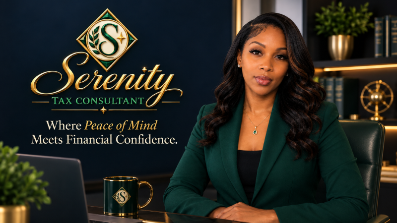 Shalyn Pierce, founder of Serenity Tax Consultant, seated in her office