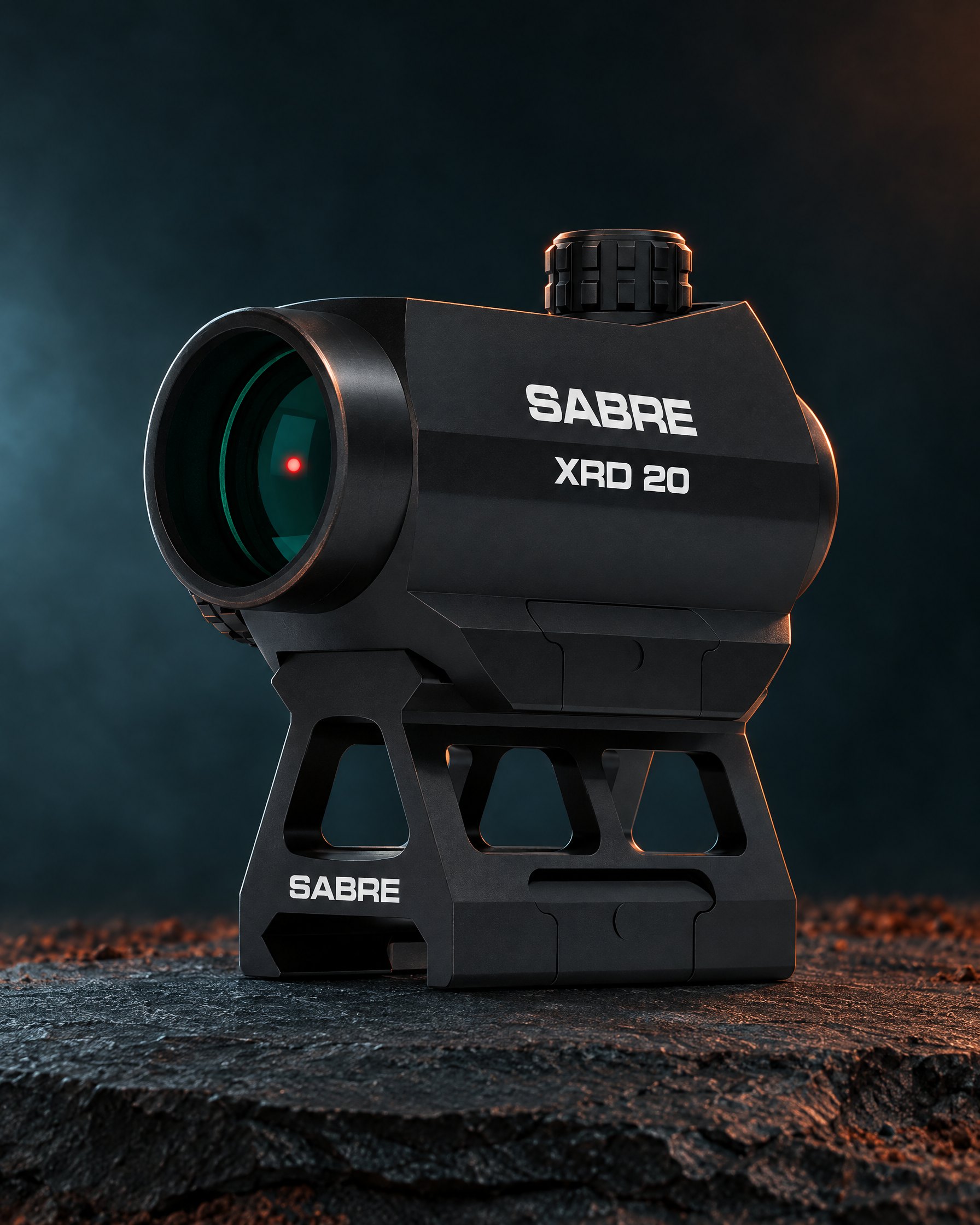 Sabre XRD 20 closed red dot on its high-rise mount, with numbered markers