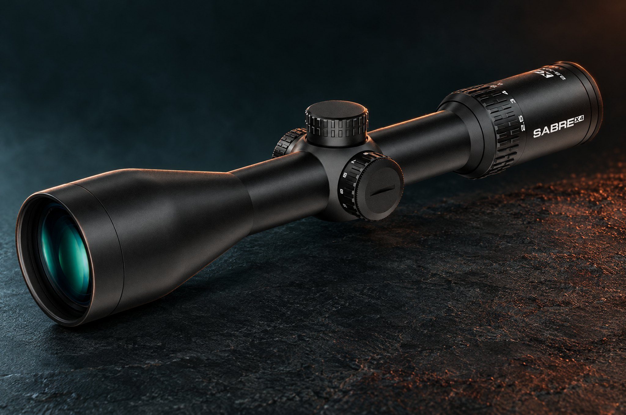 Sabre X4 2.5-10x50 riflescope on basalt with numbered markers on its main parts