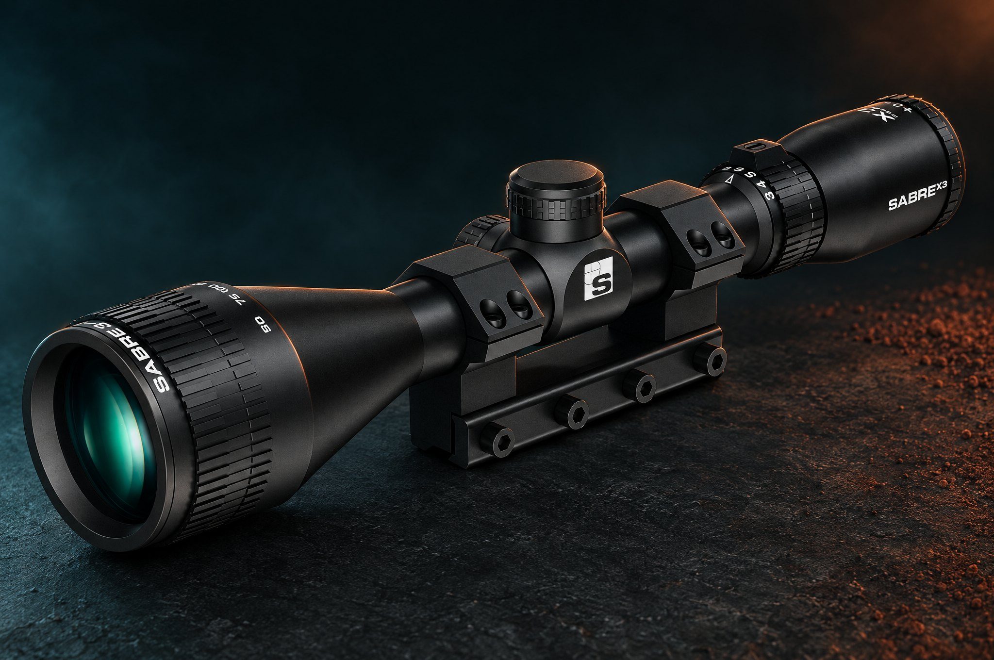 Sabre X3 3-9x42 AO riflescope on its dovetail rings, with numbered markers on its main parts