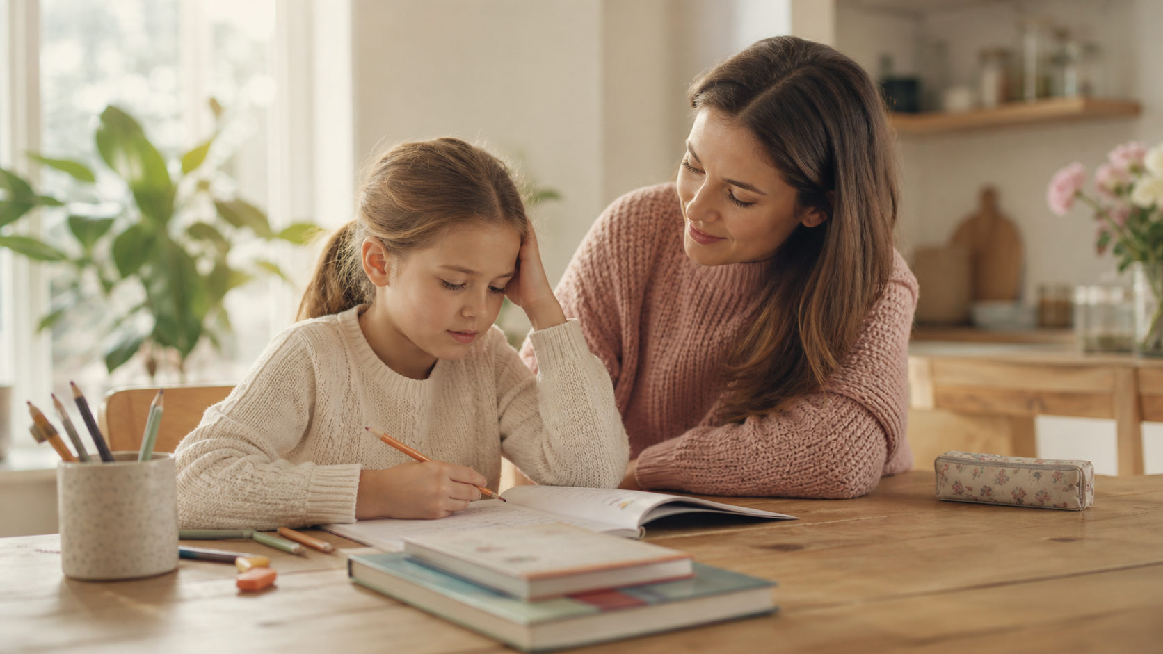 Mum calmly helping her daughter with homework at the kitchen table