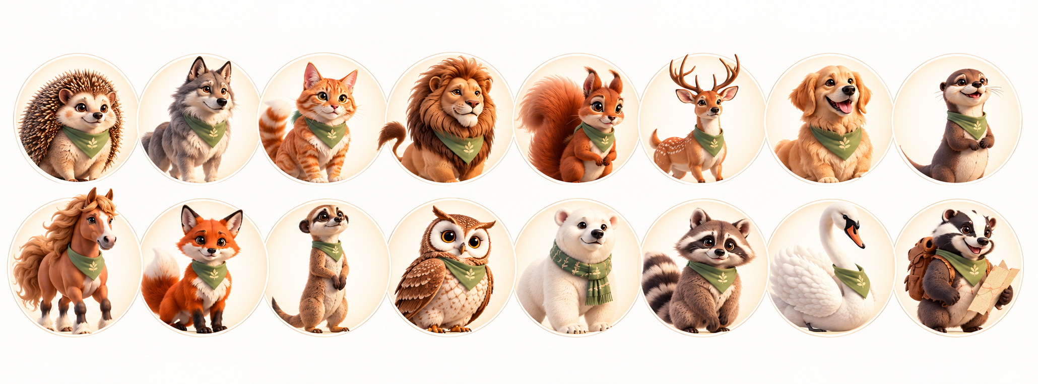 The 16 Parent Teacher animals: hedgehog, wolf, cat, lion, red squirrel, deer, dog, otter, horse, fox, meerkat, owl, polar bear, raccoon, swan and badger