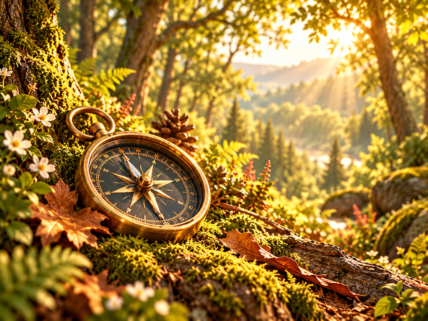 A brass compass in the woodland