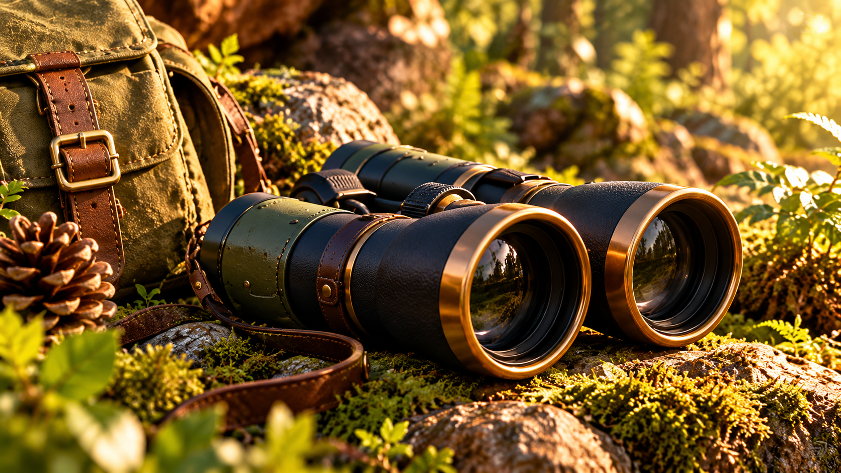 Binoculars and a satchel on a mossy rock