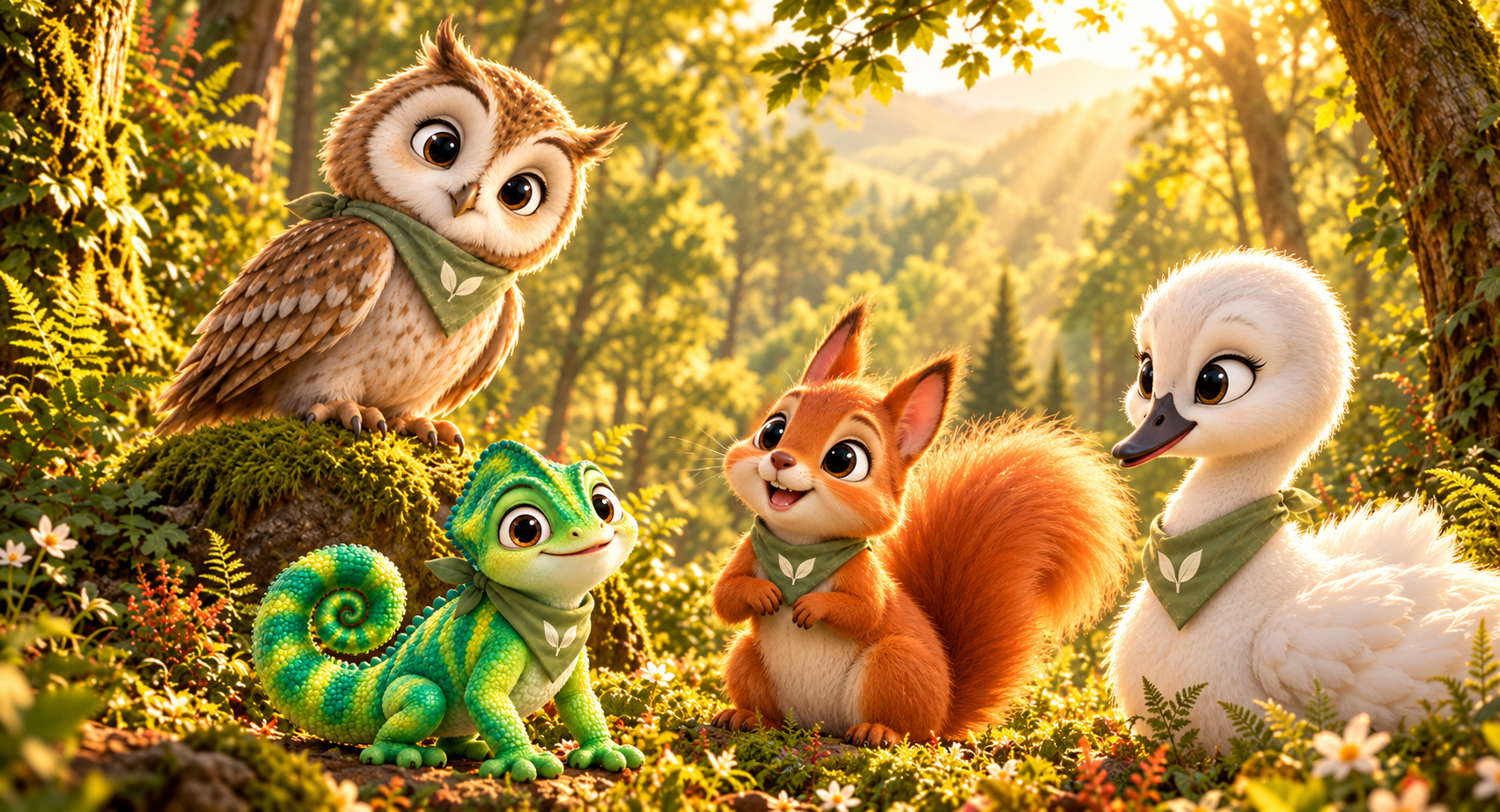 ROSIELAF animals: owl, chameleon, squirrel and swan