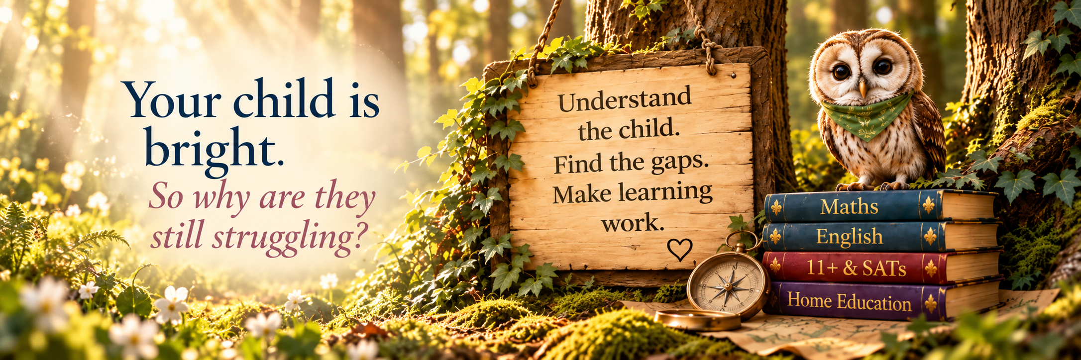 Your child is bright. So why are they still struggling? Woodland owl, books for Maths, English, 11+ and SATs, Home Education, and a sign reading Understand the child. Find the gaps. Make learning work.