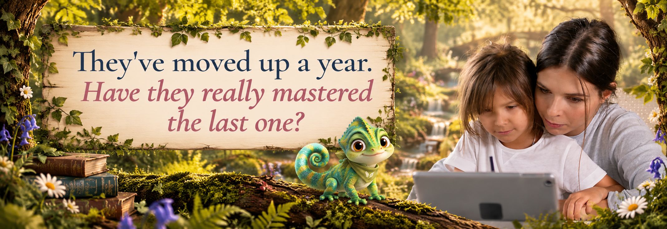 They've moved up a year. Have they really mastered the last one? A mother and child at a tablet in the woodland, with the chameleon guide.