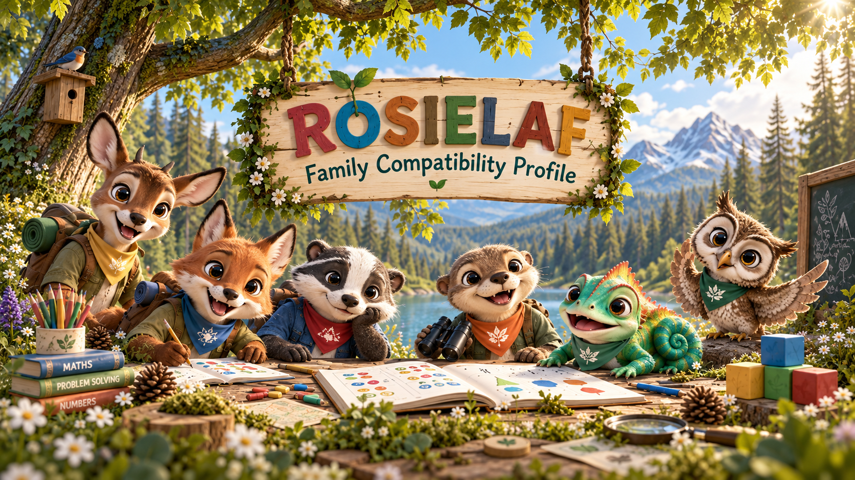 ROSIELAF Family Compatibility Profile: the woodland animals gathered round a table of books and games