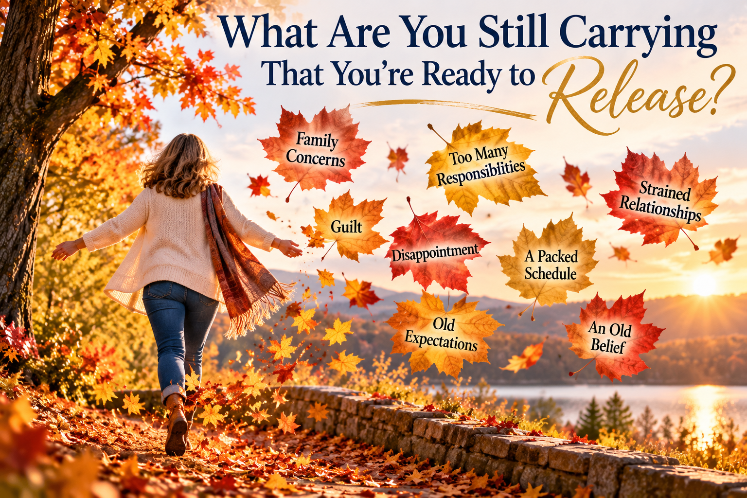 Woman walking along an autumn lakeside path as colorful leaves fall, symbolizing the release of guilt, old expectations, family concerns, strained relationships, and responsibilities.  