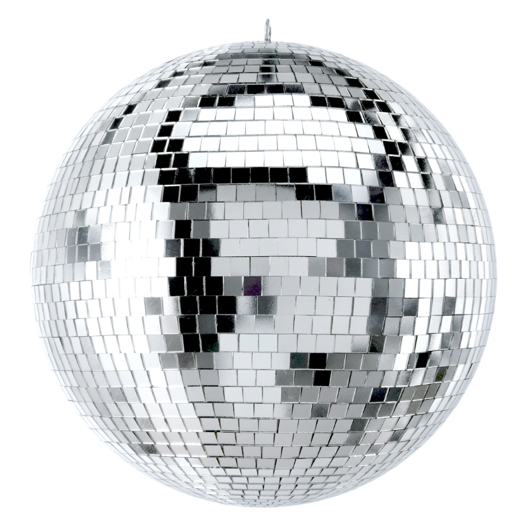 Silver mirror ball hanging from a cord
