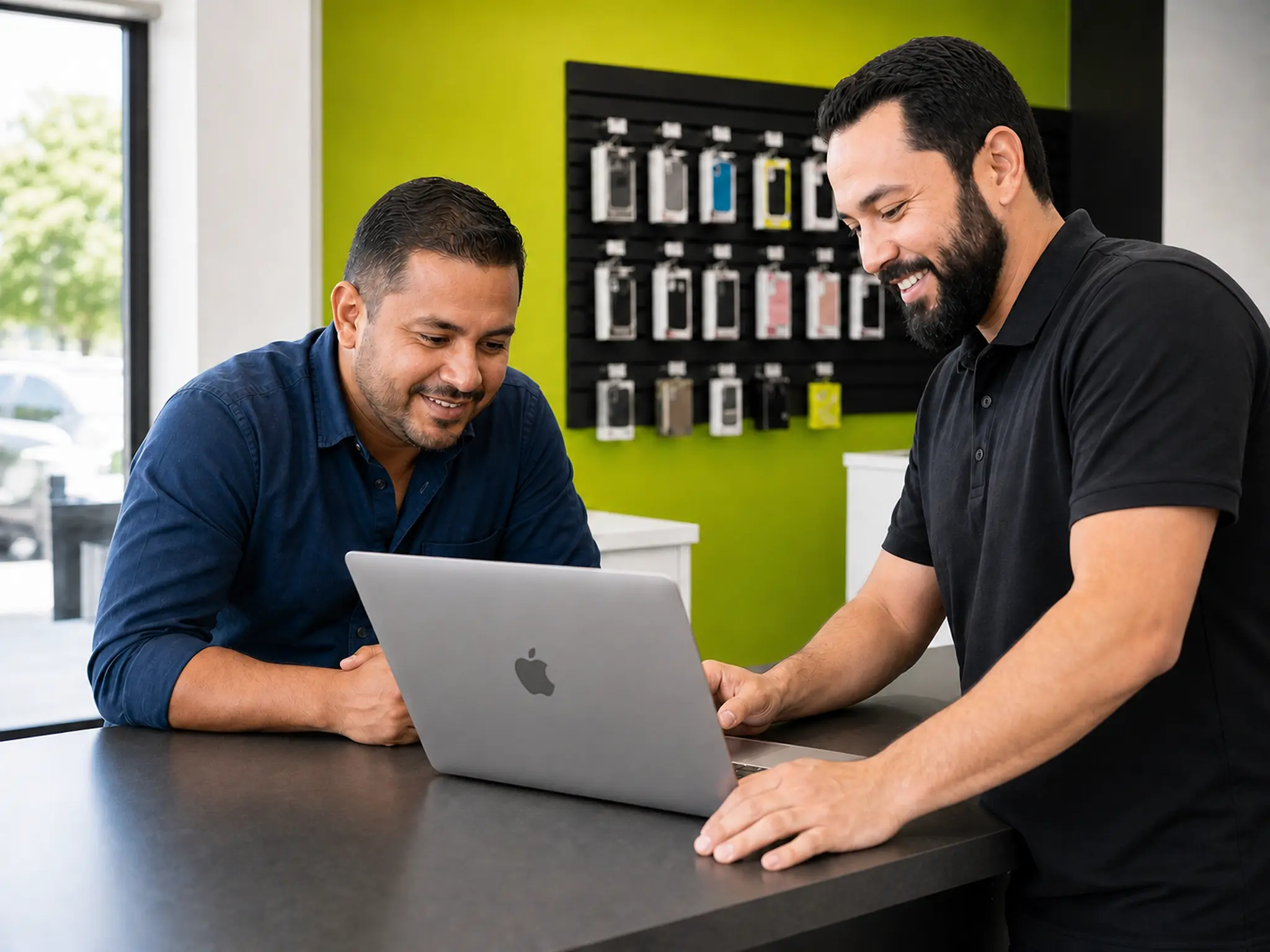 A Reboot Computers tech helping a customer with a laptop