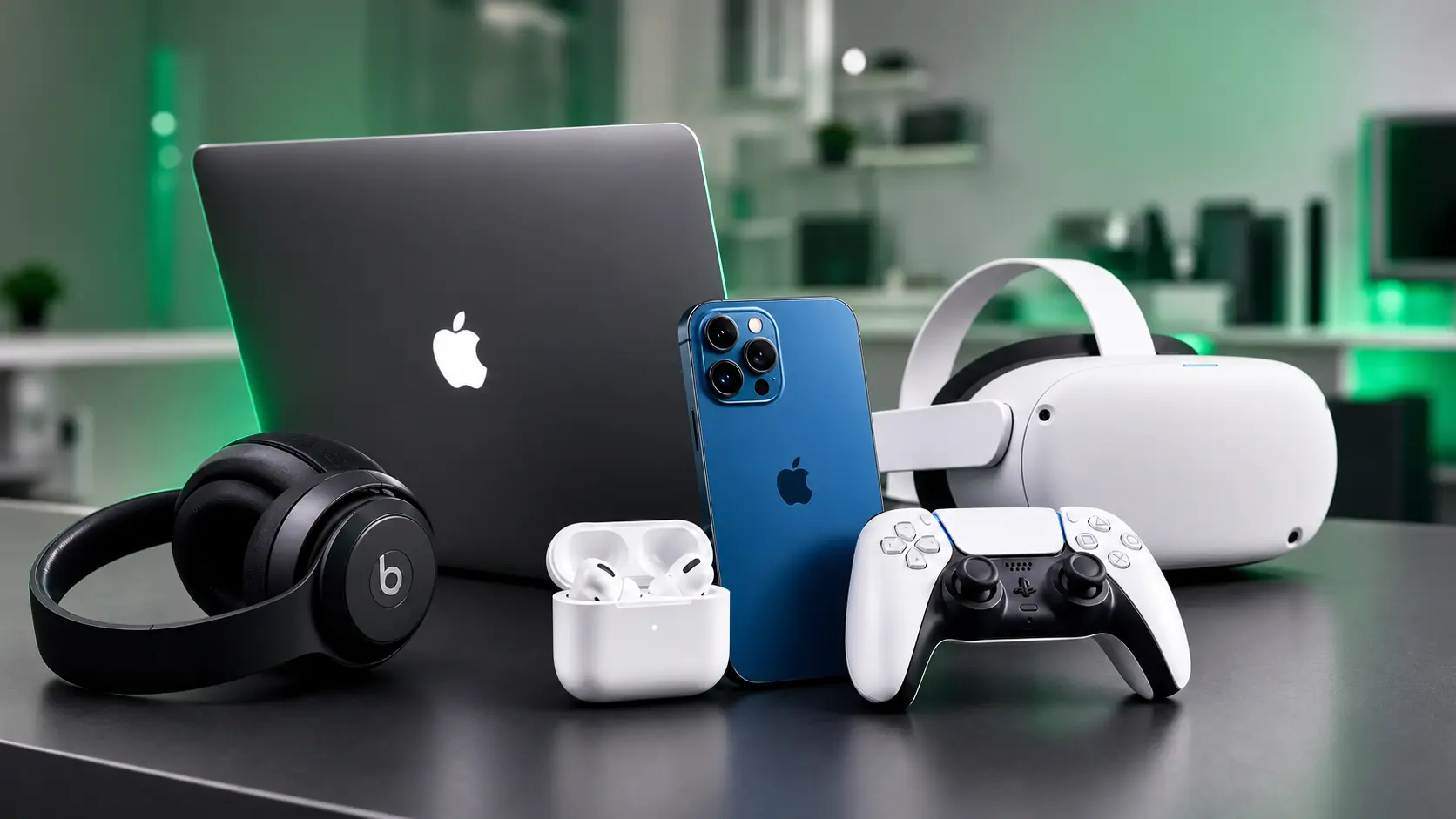 A MacBook, iPhone, PlayStation controller, headphones and VR headset, the devices Reboot Computers repairs in Salem
