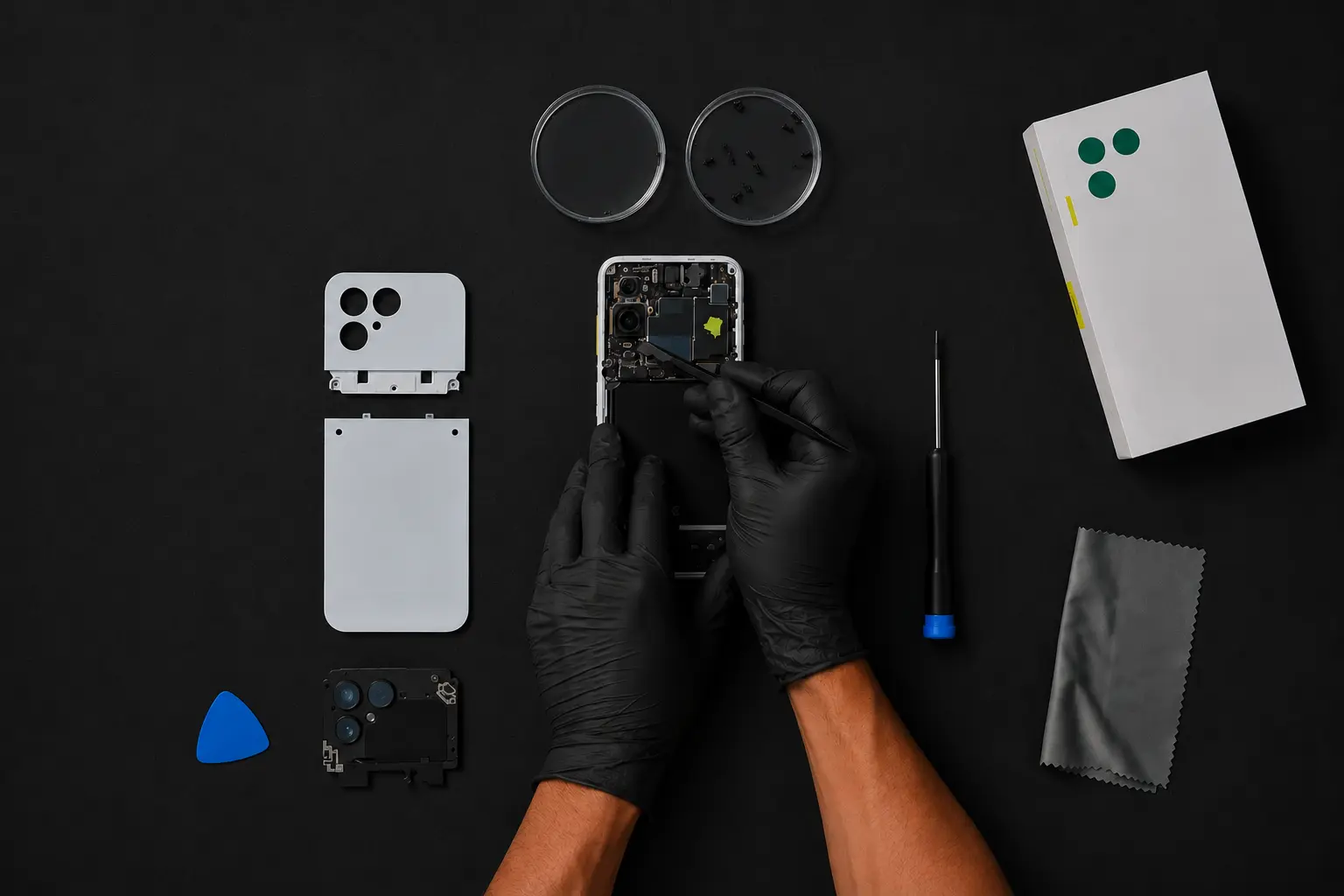 A FiXCO technician working on a phone at the repair bench