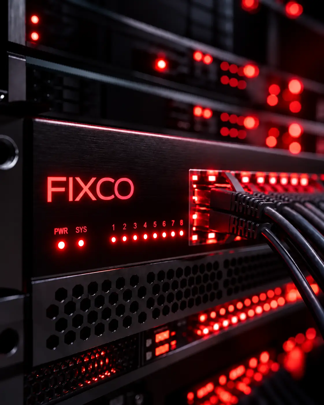A server rack lit in red with FiXCO branding