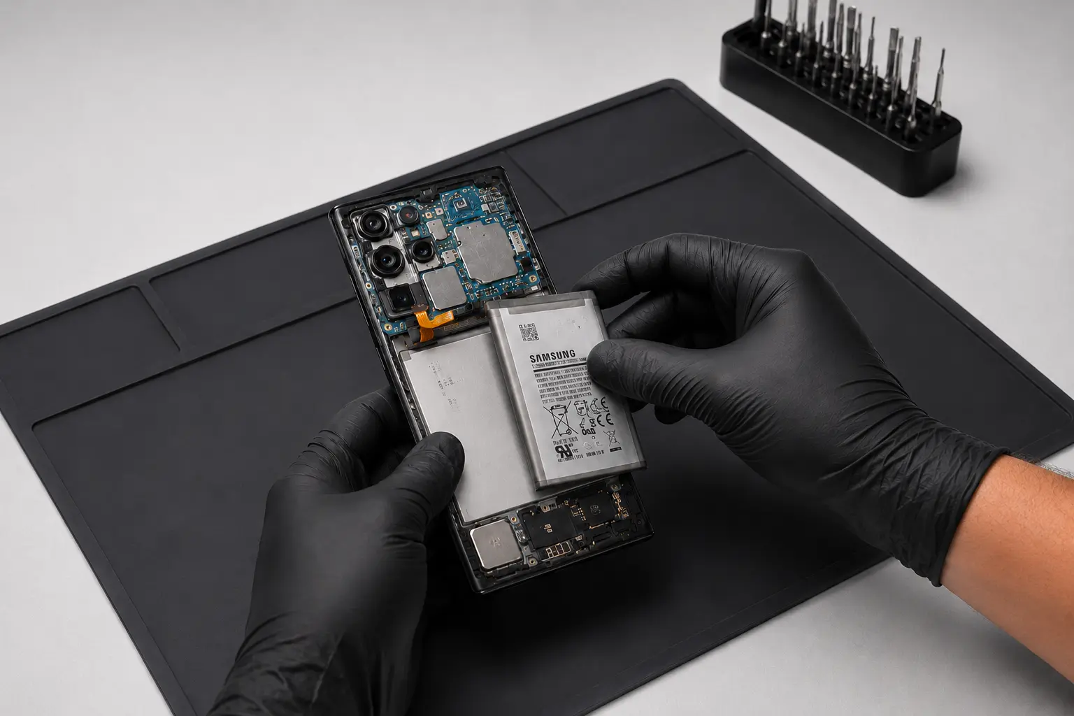 A phone opened on the bench with its battery being replaced at FiXCO