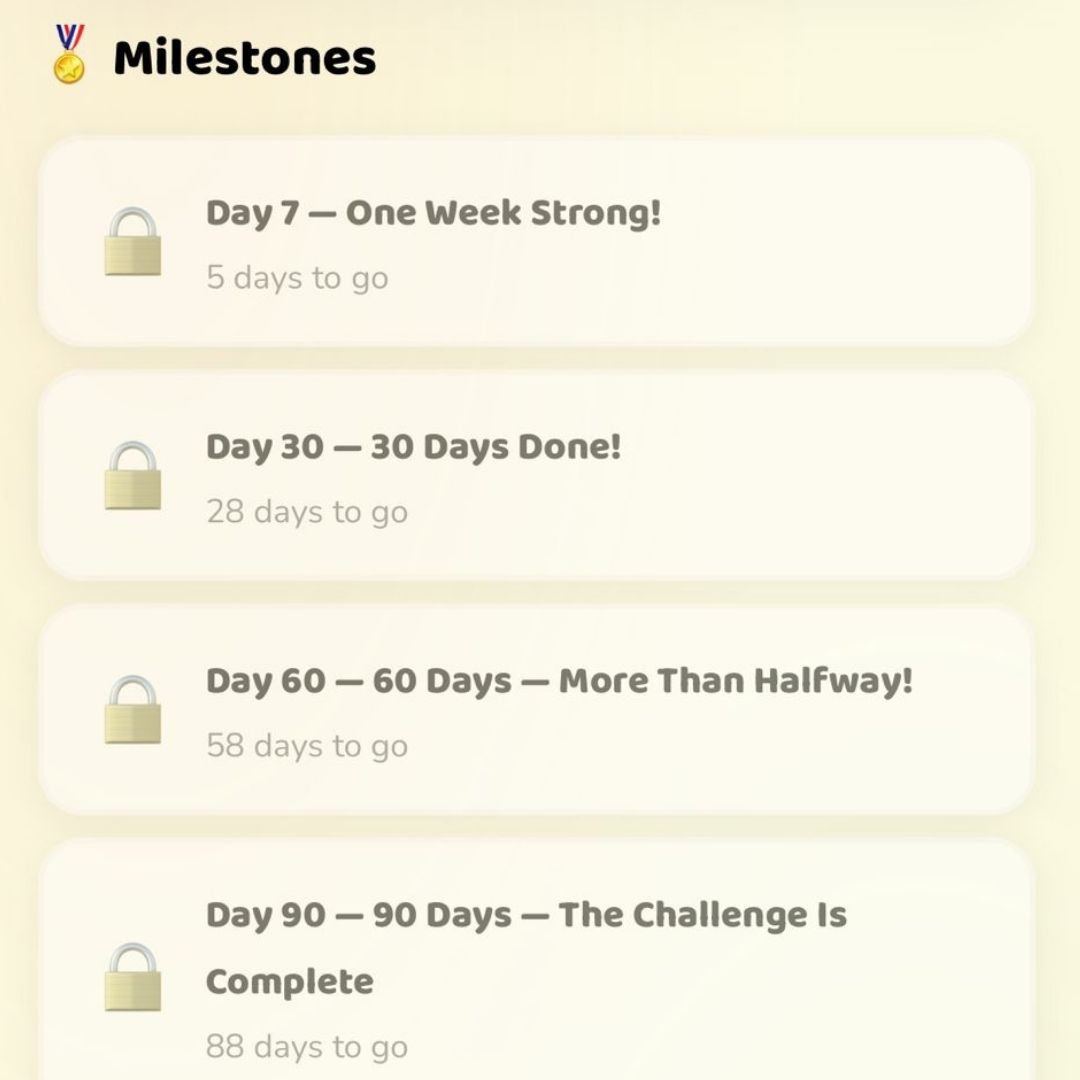 Milestones screen - Day 7, 30, 60 and 90 waiting to unlock