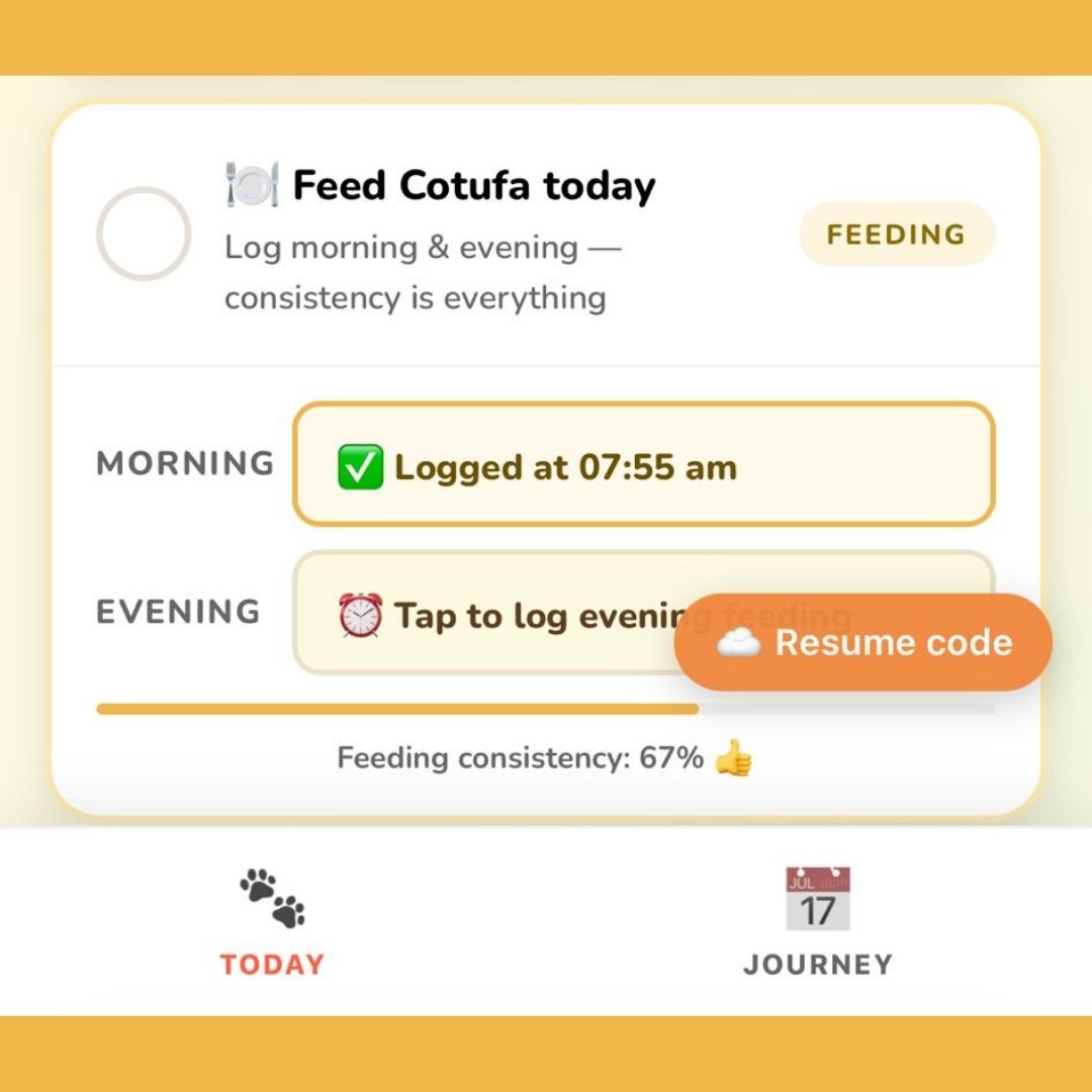 Feeding tracker - morning and evening meals logged with timestamps