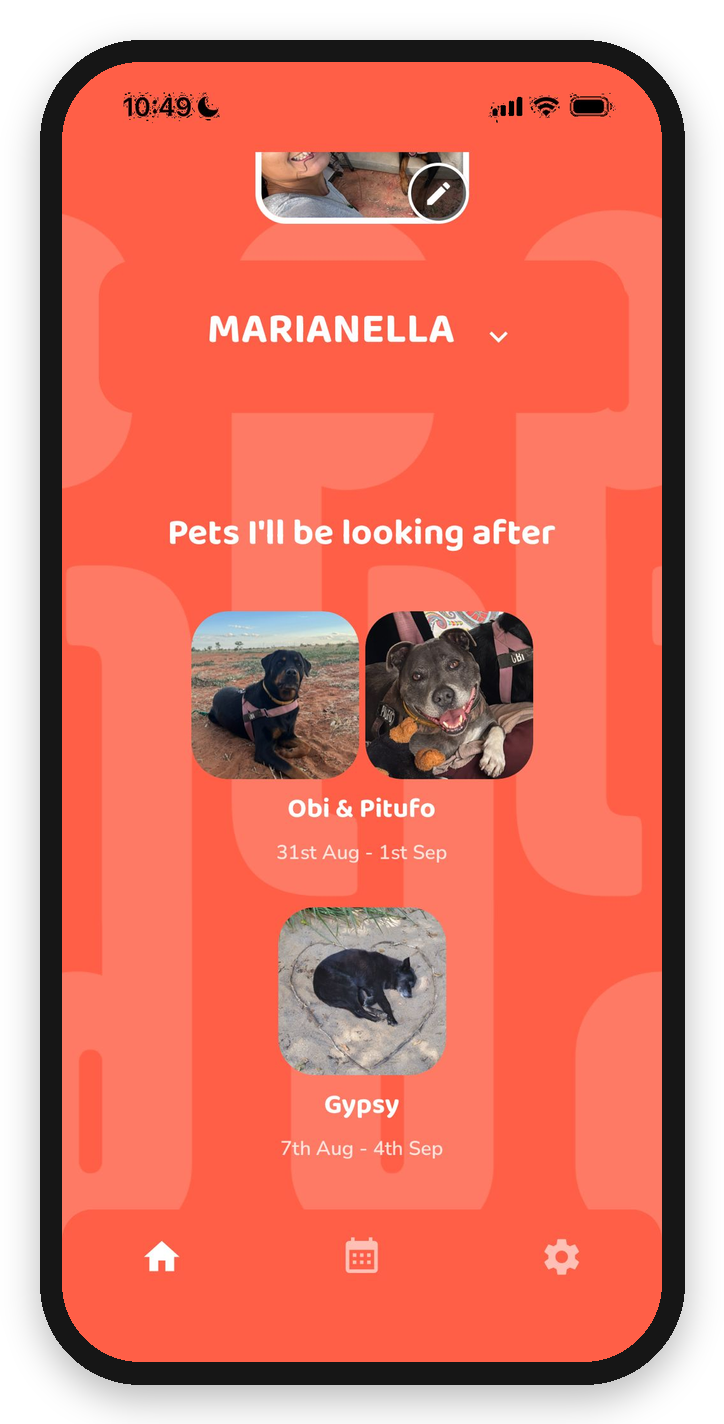 Pets I’m looking after, on the sitter’s home screen