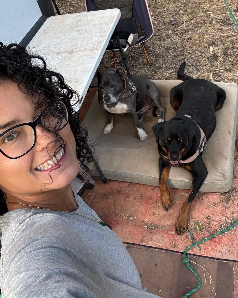 Mary with Pitufo and Obi at the van