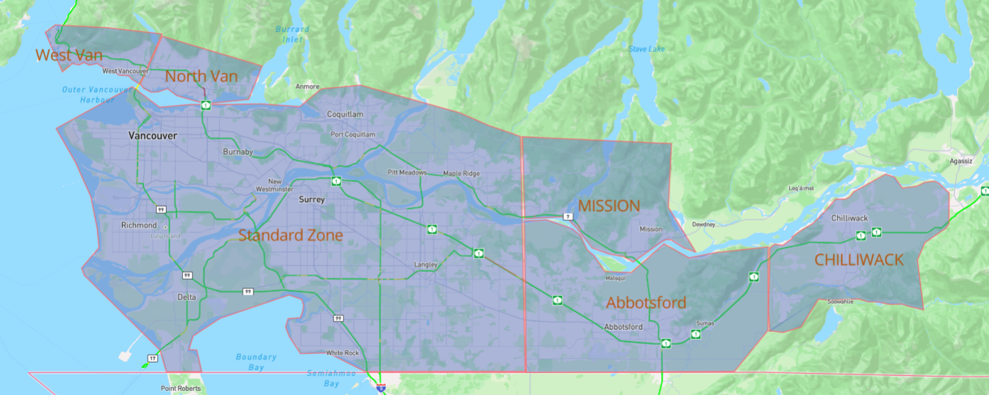 Carry Yours Couriers delivery zone map for Metro Vancouver and the Fraser Valley