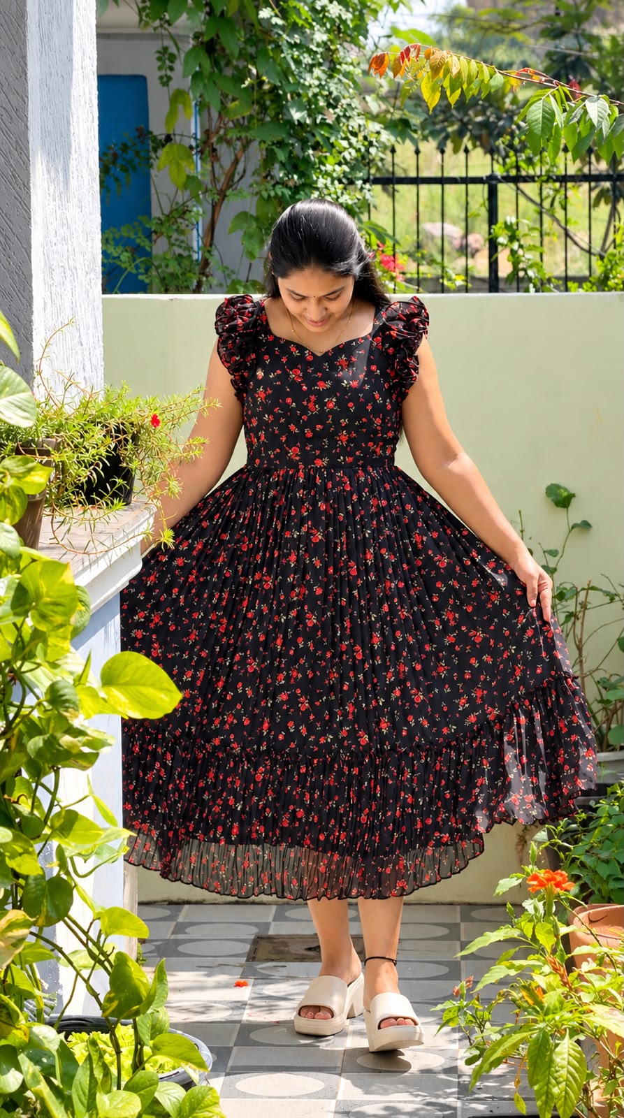 Floral Pure Georgette Ruffle Sleeve Maxi (RIS0139) from Ruchita's Indian Store