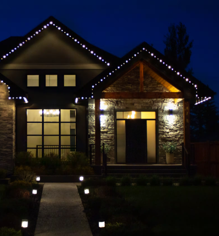 Lumenox installation — close-up of permanent roofline lighting