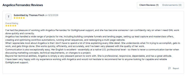 Five-star client review from Thomas Finch praising Angelica's GoHighLevel work, speed, and communication