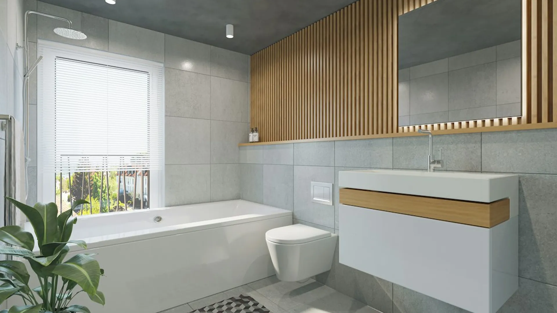 Plumber in Coventry: modern grey tiled bathroom with a white bath