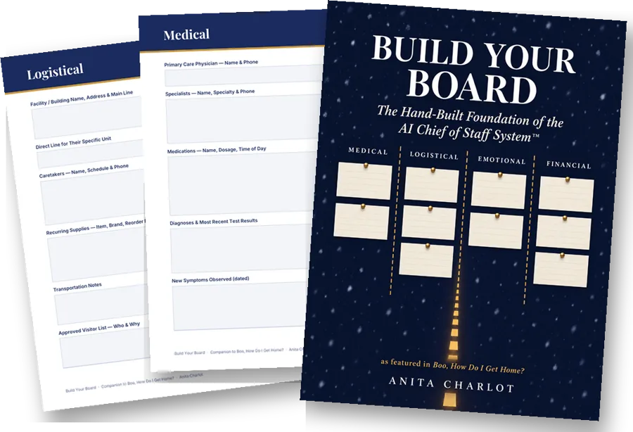 The Build Your Board workbook by Anita Charlot, with its medical and logistical worksheet pages