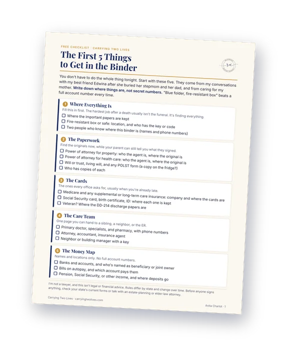 Preview of the free checklist, The First 5 Things to Get in the Binder: where everything is, the paperwork, the cards, the care team and the money map