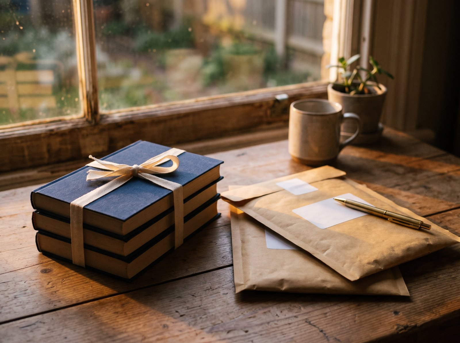 A stack of navy paperbacks tied with ribbon beside shipping mailers