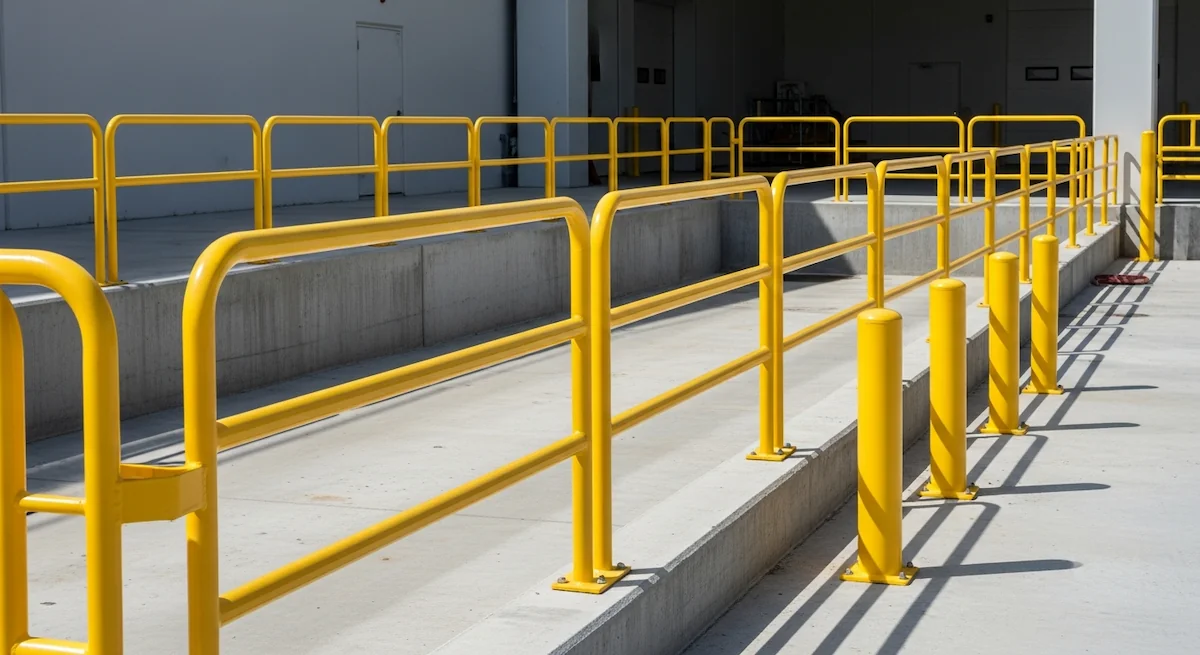 Yellow steel safety railing and bollards running along a loading dock edge