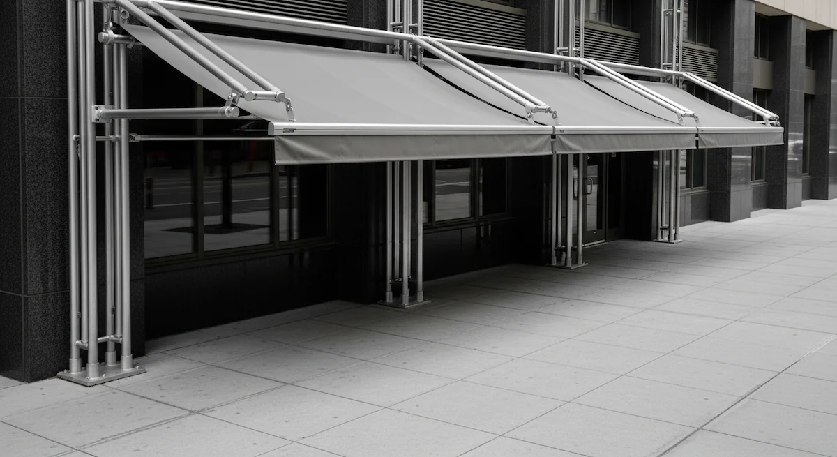 Metal pergola and awning frames carrying fabric canopies over a walkway