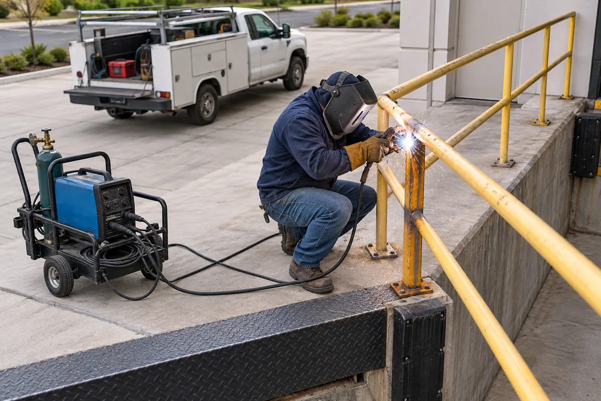 Welder kneeling to repair a yellow safety railing beside a service truck