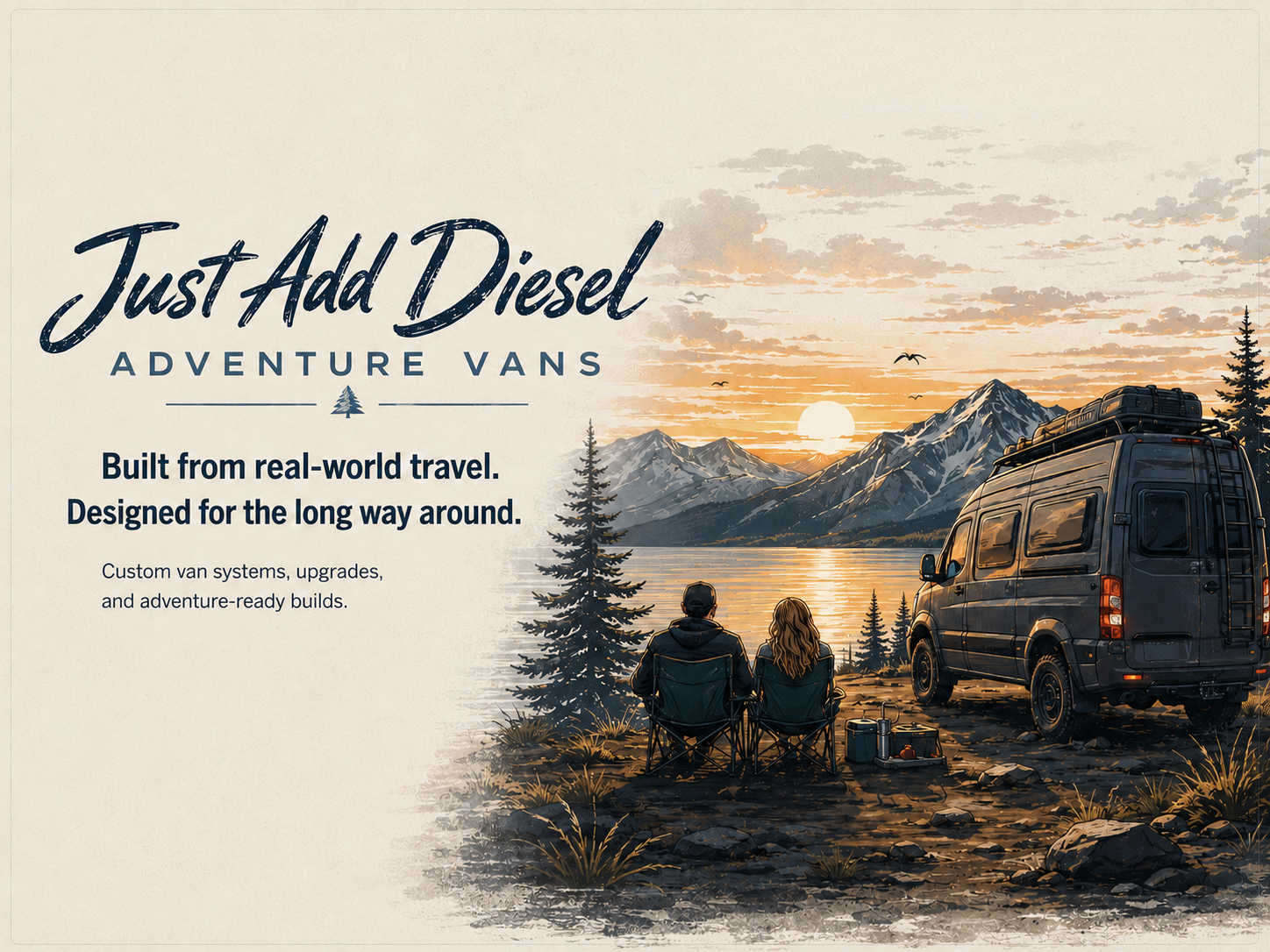 Just Add Diesel Adventure Vans hero with mountain lake, adventure van, and road travel branding