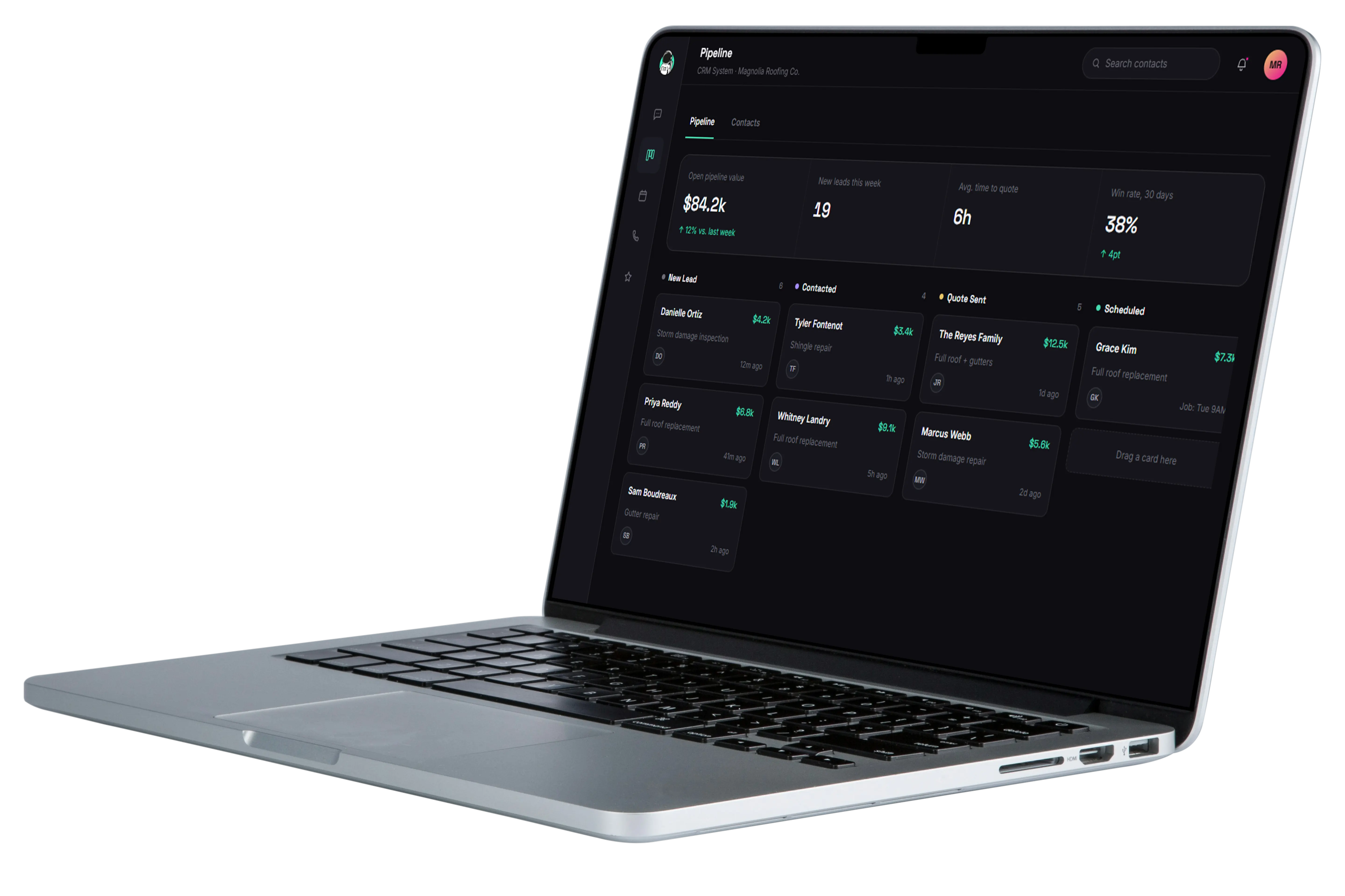 CRM pipeline dashboard showing leads across stages