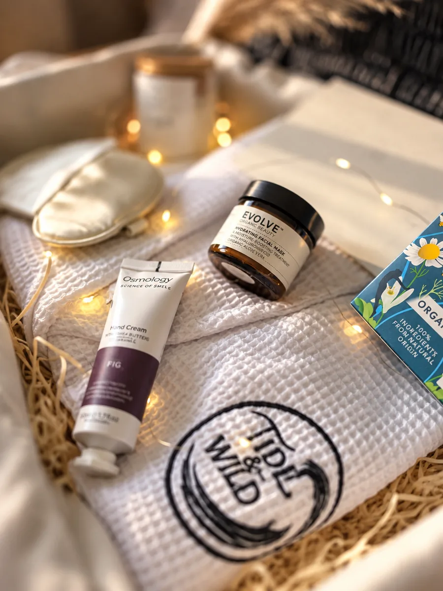 An open Tide & Wild hamper with a branded waffle robe, hand cream and a satin eye mask in warm candlelight