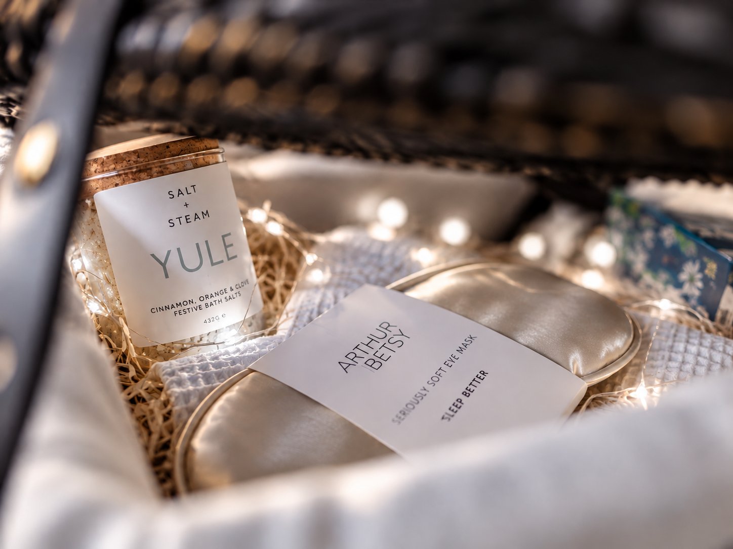 Inside the hamper: Salt + Steam Yule bath salts and an Arthur & Betsy eye mask among fairy lights