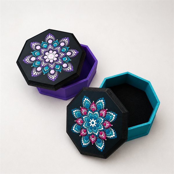 Dos cajas octogonales de madera con un mandala en puntillismo sobre la tapa negra