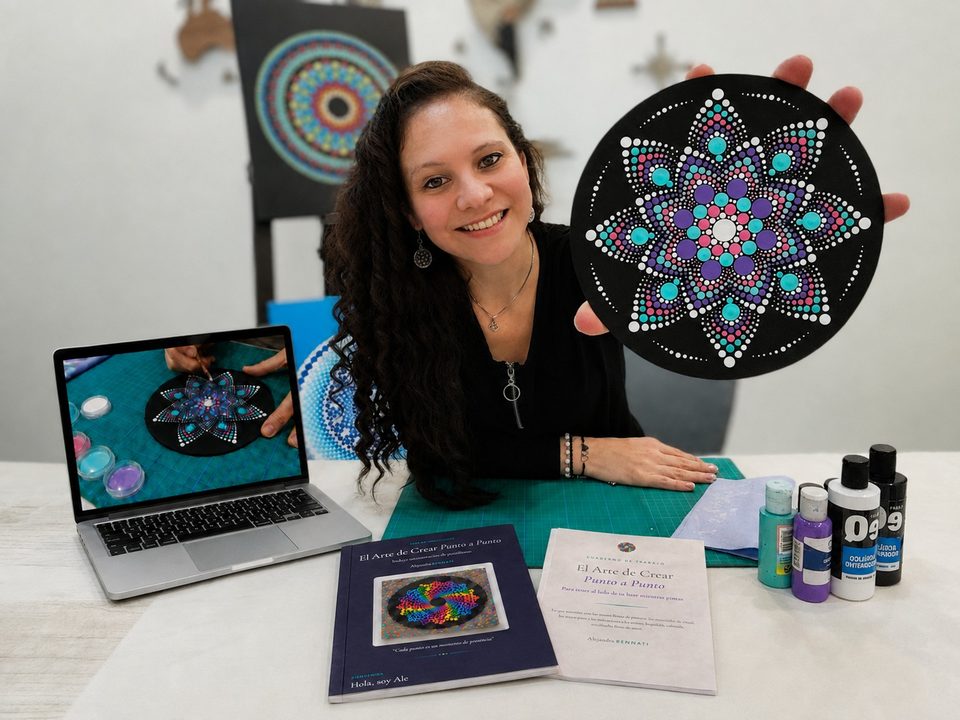 Alejandra sosteniendo un mandala terminado, con la masterclass en la notebook y la guia y el cuaderno impresos sobre la mesa