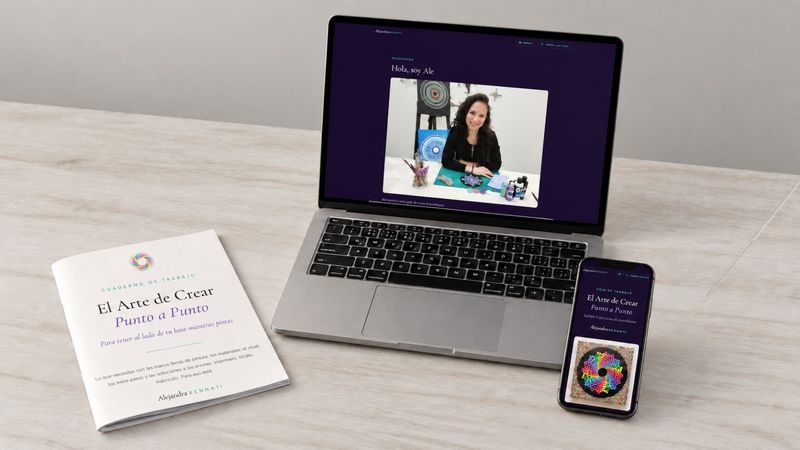 La guia abierta en una notebook y en un celular, junto al cuaderno de trabajo impreso